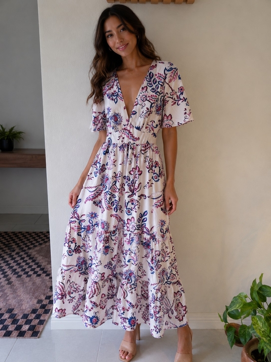 No Label Dresses & Skirts - Boho Floral V-Neck Maxi Dress in Cream and Pink